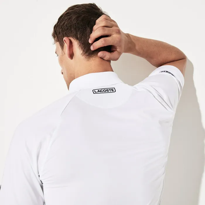 SPORT Novak Djokovic Stretch Print Jersey Polo WhiteNavy Blue Mens Lacoste Polos Shop