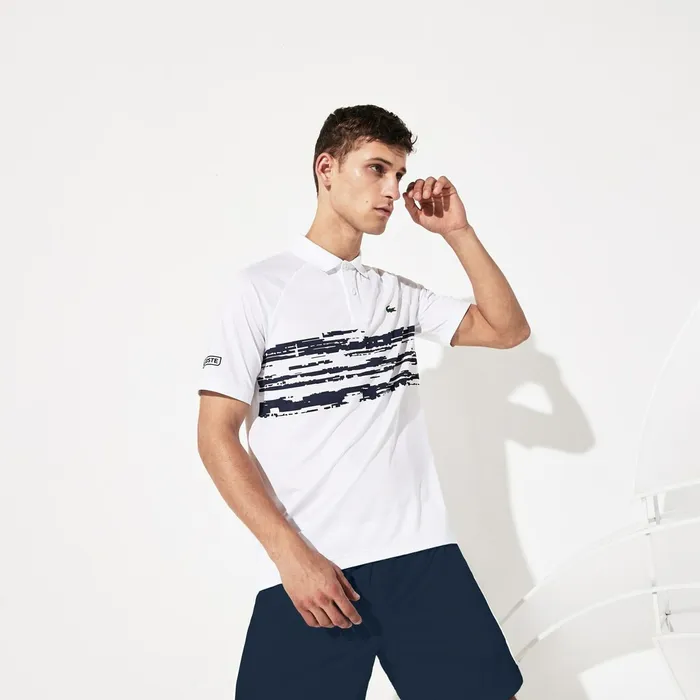 SPORT Novak Djokovic Stretch Print Jersey Polo WhiteNavy Blue Mens Lacoste Polos Shop