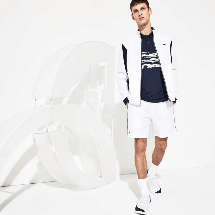 SPORT Novak Djokovic Stretch Technical Shorts WhiteNavy Blue Mens Lacoste Pants and Shorts Near Me