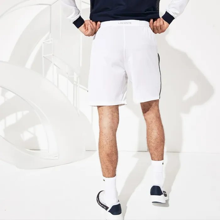 SPORT Novak Djokovic Stretch Technical Shorts WhiteNavy Blue Mens Lacoste Pants and Shorts Near Me