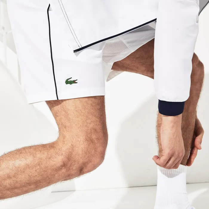 SPORT Novak Djokovic Stretch Technical Shorts WhiteNavy Blue Mens Lacoste Pants and Shorts Near Me