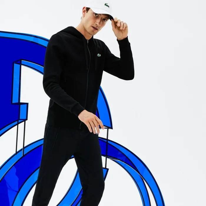 SPORT Novak Djokovic Technical Fleece Hooded Zip Sweatshirt BlackGrey ChineWhite Mens Lacoste Sweatshirts Gift 4 You