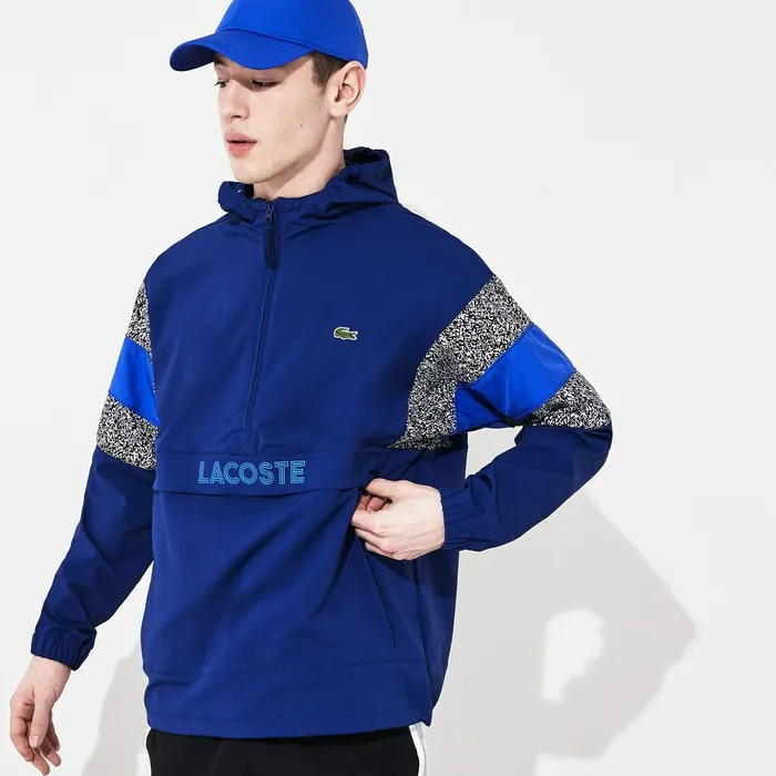 SPORT PrintBlocked Performance Windbreaker Navy BlueBlackWhiteBlue Mens Lacoste Jackets and Coats Online Store
