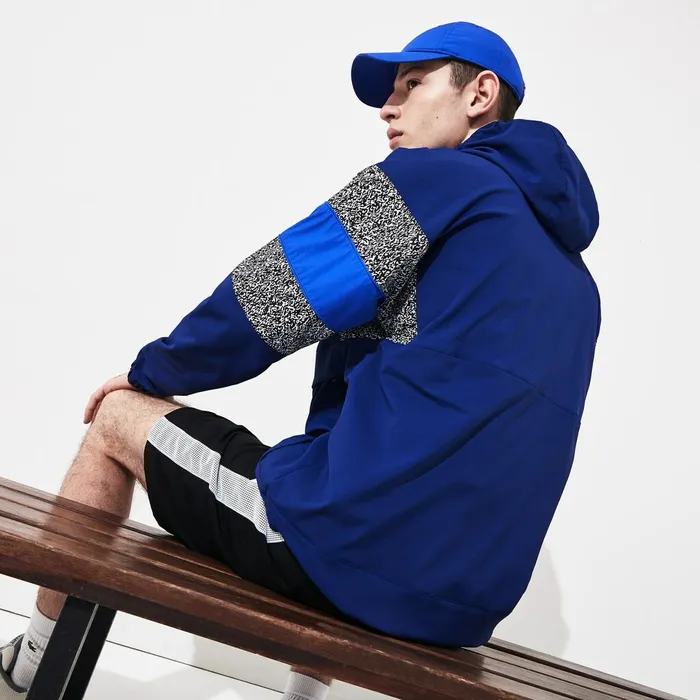 SPORT PrintBlocked Performance Windbreaker Navy BlueBlackWhiteBlue Mens Lacoste Jackets and Coats Online Store