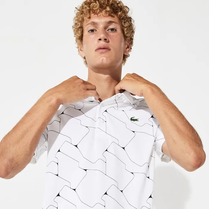 SPORT Print Breathable Stretch Jersey Golf Polo WhiteNavy Blue Mens Lacoste Polos Gift Ideas