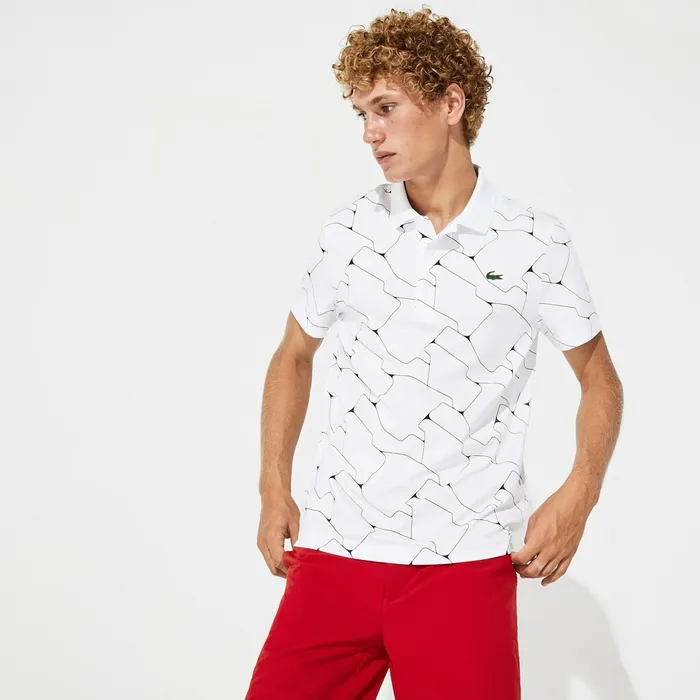 SPORT Print Breathable Stretch Jersey Golf Polo WhiteNavy Blue Mens Lacoste Polos Gift Ideas