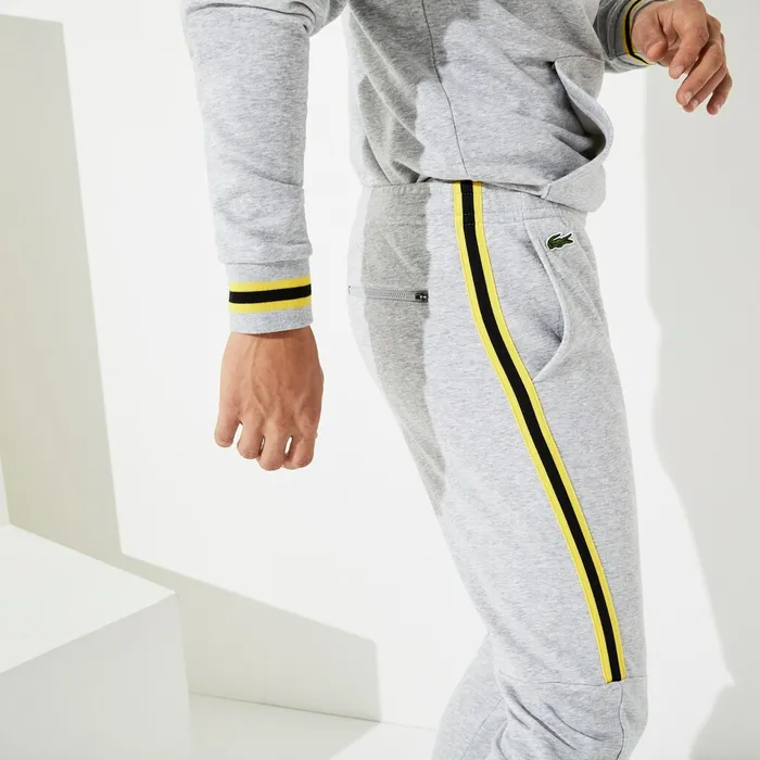 SPORT Racing Stripe Fleece Track Pants Grey ChineYellowBlack Mens Lacoste Pants and Shorts Outlet Factory