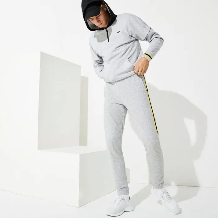 SPORT Racing Stripe Fleece Track Pants Grey ChineYellowBlack Mens Lacoste Pants and Shorts Outlet Factory