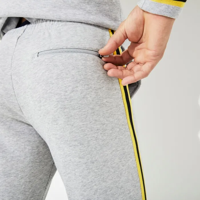 SPORT Racing Stripe Fleece Track Pants Grey ChineYellowBlack Mens Lacoste Pants and Shorts Outlet Factory