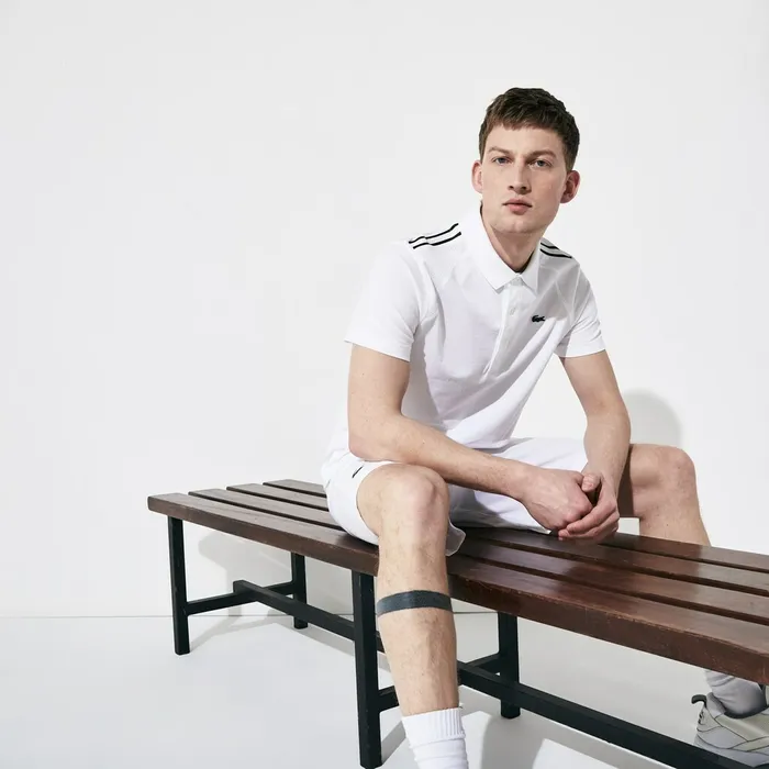 SPORT Racing Stripe Lightweight Cotton Polo WhiteBlackWhite Mens Lacoste Polos Outlet Factory