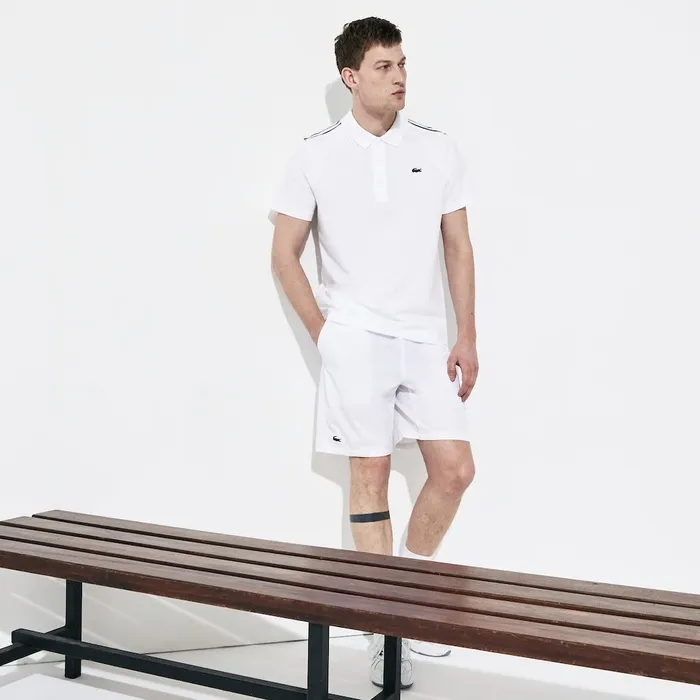 SPORT Racing Stripe Lightweight Cotton Polo WhiteBlackWhite Mens Lacoste Polos Outlet Factory