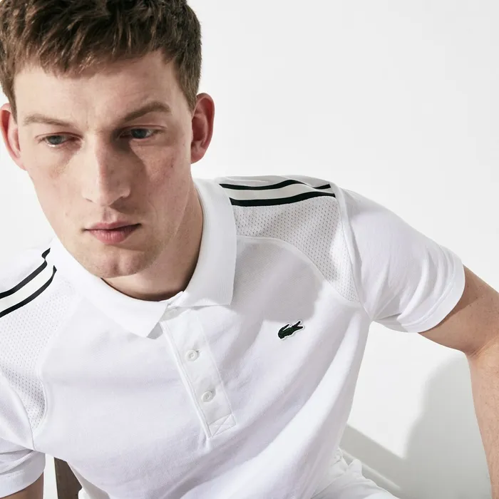 SPORT Racing Stripe Lightweight Cotton Polo WhiteBlackWhite Mens Lacoste Polos Outlet Factory