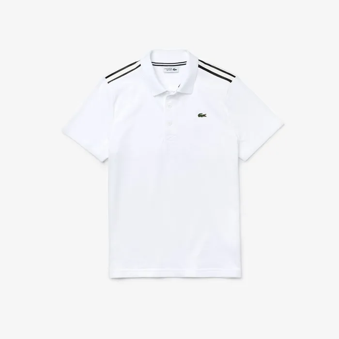 SPORT Racing Stripe Lightweight Cotton Polo WhiteBlackWhite Mens Lacoste Polos Outlet Factory