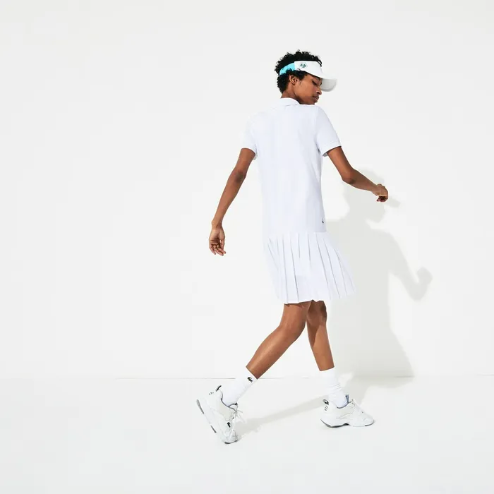 SPORT Roland Garros Pleated Polo Dress WhiteGreenNavy Blue Womens Lacoste Dresses and Skirts Online Outlet Store