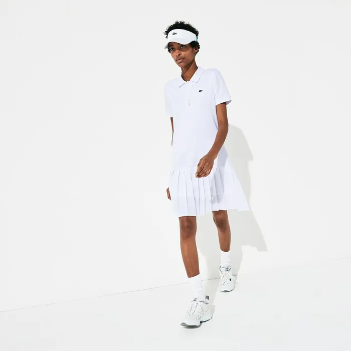 SPORT Roland Garros Pleated Polo Dress WhiteGreenNavy Blue Womens Lacoste Dresses and Skirts Online Outlet Store