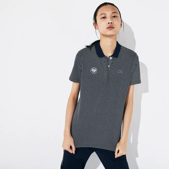 SPORT Roland Garros Printed Cotton Polo Shirt Navy BlueWhiteGreen Womens Lacoste Polos Outlet