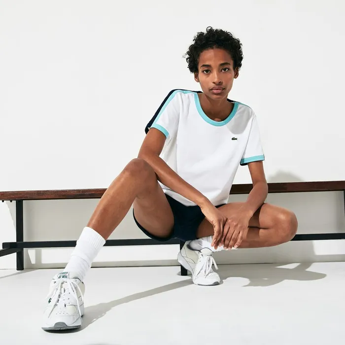 SPORT Roland Garros Stretch Cotton TShirt WhiteTurquoiseNavy Blue Womens Lacoste TShirts Popular