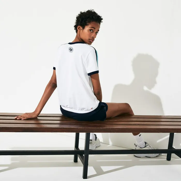 SPORT Roland Garros Stretch Cotton TShirt WhiteTurquoiseNavy Blue Womens Lacoste TShirts Popular