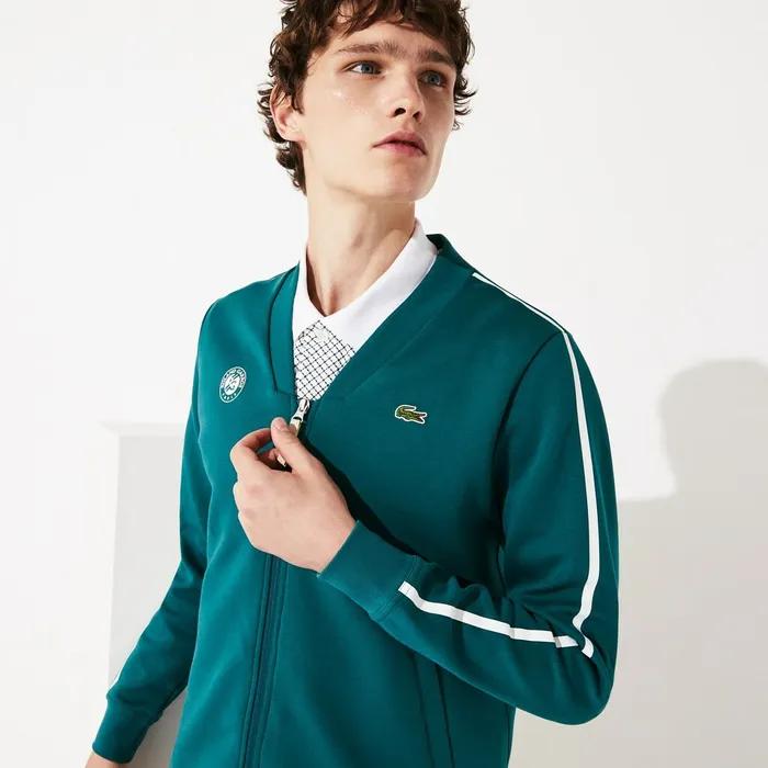SPORT Roland Garros VNeck Zip Sweatshirt GreenWhiteRed Mens Lacoste Sweatshirts Outlet Factory