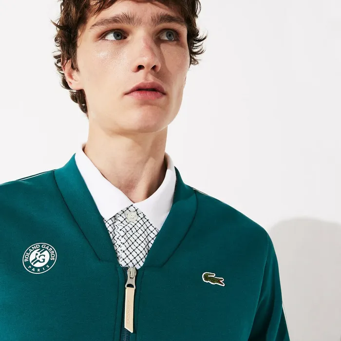 SPORT Roland Garros VNeck Zip Sweatshirt GreenWhiteRed Mens Lacoste Sweatshirts Outlet Factory