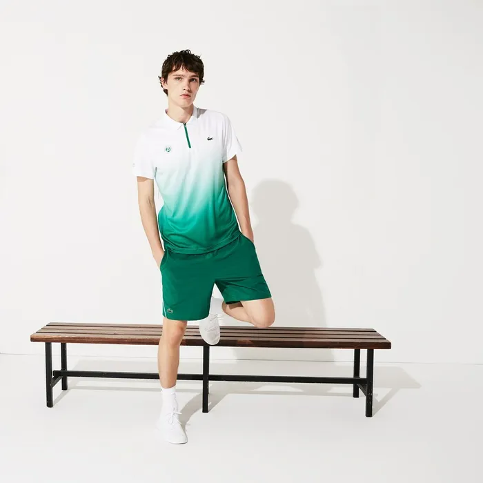 SPORT Roland Garros ZipFront Performance Polo Shirt WhiteGreen Mens Lacoste Polos Cheap On Sale