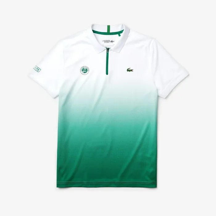 SPORT Roland Garros ZipFront Performance Polo Shirt WhiteGreen Mens Lacoste Polos Cheap On Sale
