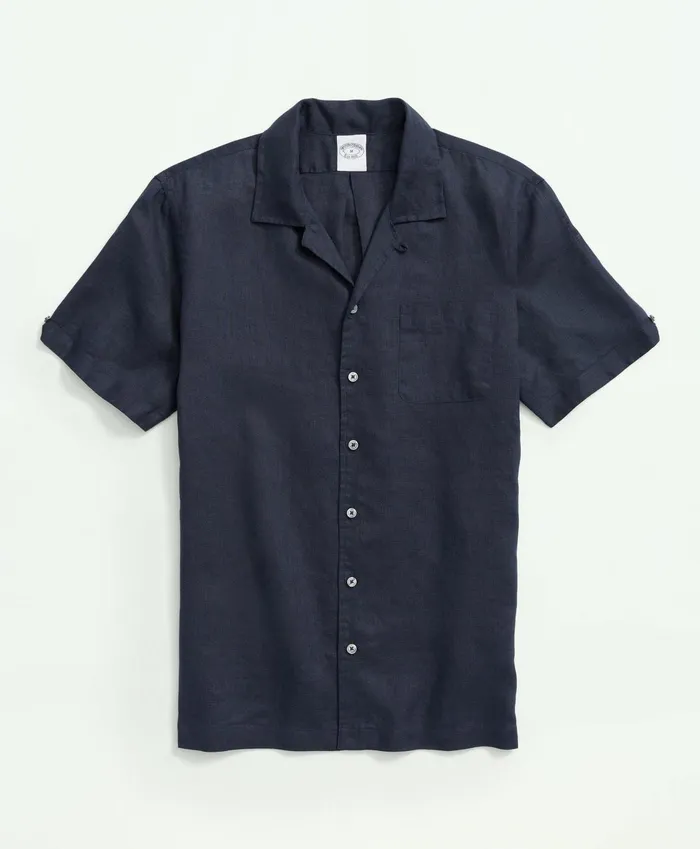 Sport Shirts Men Brooks Brothers Irish Linen Camp Collar ShortSleeve Sport Shirt Navy