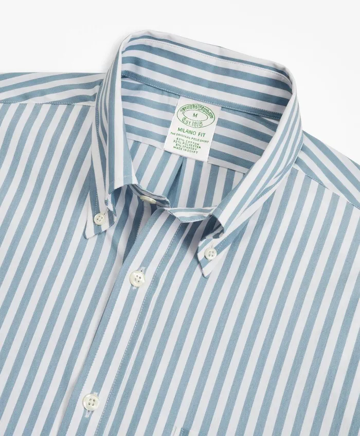 Sport Shirts Men Brooks Brothers Milano SlimFit Sport Shirt Brooks Brothers Stretch Performance Series With Coolmax Stripe Blue