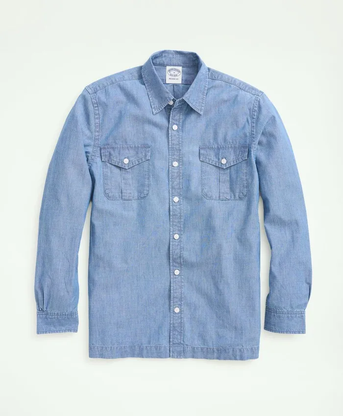 Sport Shirts Men Brooks Brothers Relaxed Cotton Chambray Military Shirt Chambray