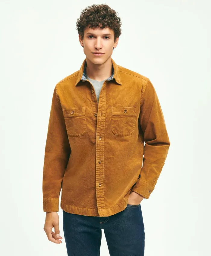 Sport Shirts Men Brooks Brothers Stretch Cotton Corduroy Shirt Jacket Medium Brown