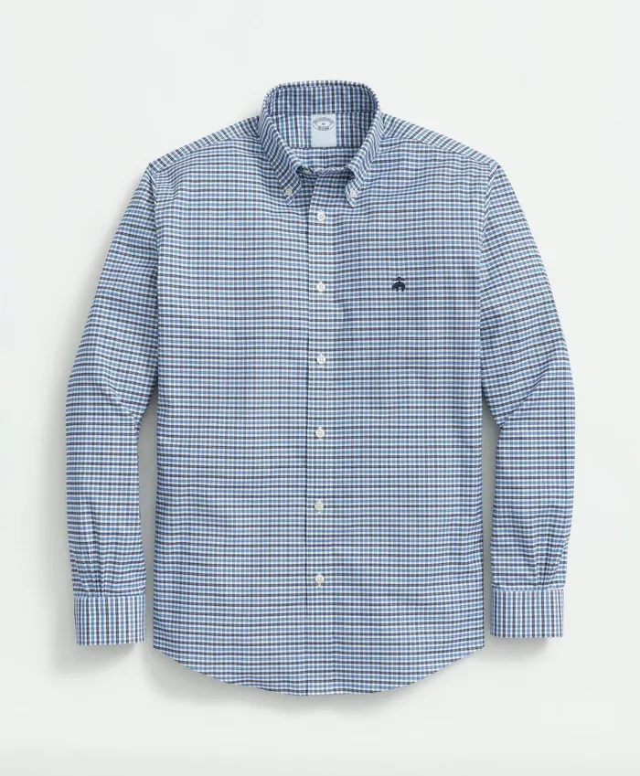 Sport Shirts Men Brooks Brothers Stretch Cotton NonIron Oxford Polo ButtonDown Collar MiniGraph Checked Shirt Bright Blue