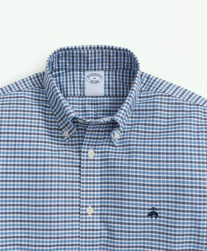 Sport Shirts Men Brooks Brothers Stretch Cotton NonIron Oxford Polo ButtonDown Collar MiniGraph Checked Shirt Bright Blue