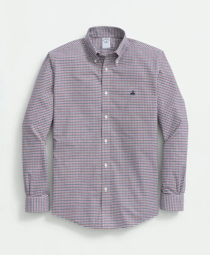 Sport Shirts Men Brooks Brothers Stretch Cotton NonIron Oxford Polo ButtonDown Collar MiniGraph Checked Shirt Dark Red