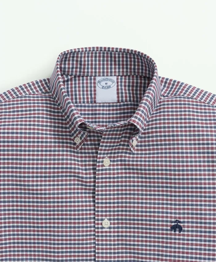 Sport Shirts Men Brooks Brothers Stretch Cotton NonIron Oxford Polo ButtonDown Collar MiniGraph Checked Shirt Dark Red