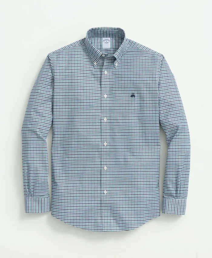 Sport Shirts Men Brooks Brothers Stretch Cotton NonIron Oxford Polo ButtonDown Collar MiniGraph Checked Shirt Green