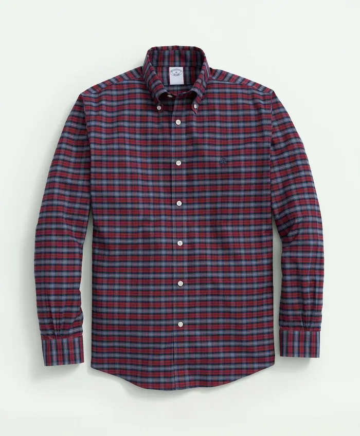 Sport Shirts Men Brooks Brothers Stretch Cotton NonIron Oxford Polo ButtonDown Collar Tartan Shirt Burgundy