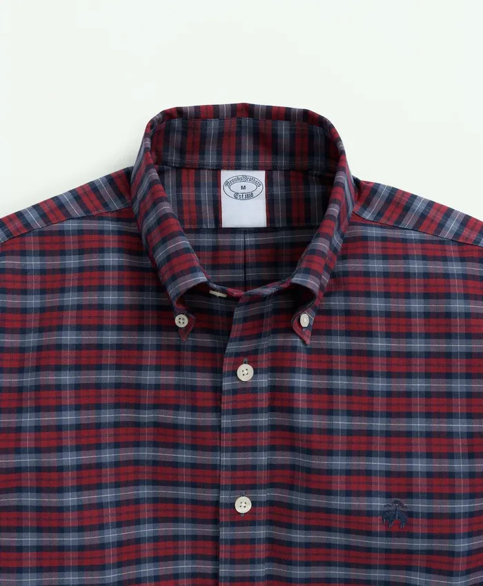 Sport Shirts Men Brooks Brothers Stretch Cotton NonIron Oxford Polo ButtonDown Collar Tartan Shirt Burgundy