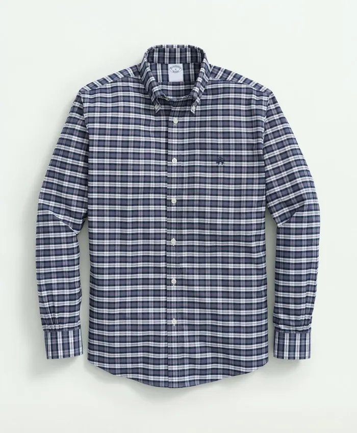 Sport Shirts Men Brooks Brothers Stretch Cotton NonIron Oxford Polo ButtonDown Collar Tartan Shirt Dark Blue