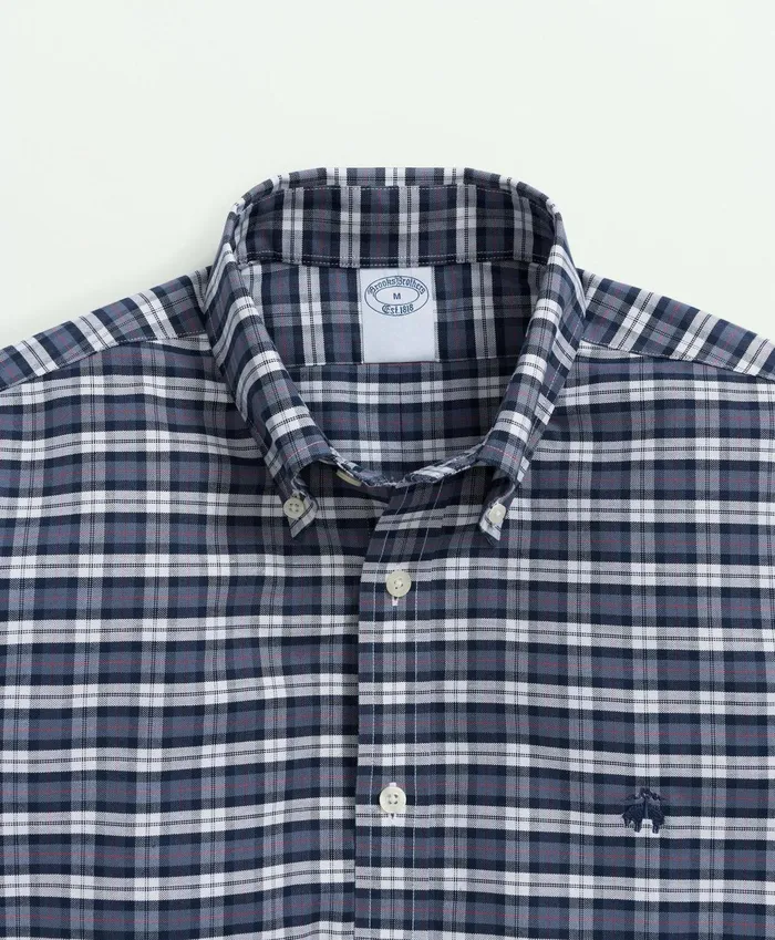 Sport Shirts Men Brooks Brothers Stretch Cotton NonIron Oxford Polo ButtonDown Collar Tartan Shirt Dark Blue