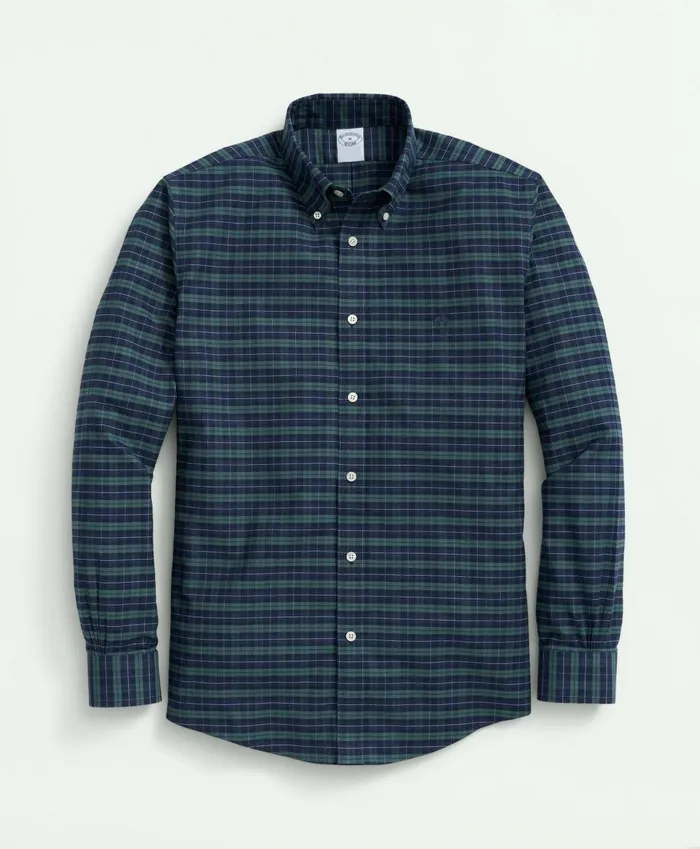 Sport Shirts Men Brooks Brothers Stretch Cotton NonIron Oxford Polo ButtonDown Collar Tartan Shirt Dark Green