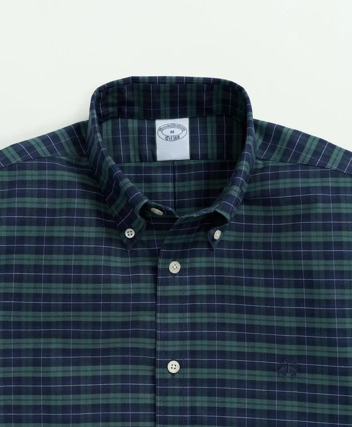 Sport Shirts Men Brooks Brothers Stretch Cotton NonIron Oxford Polo ButtonDown Collar Tartan Shirt Dark Green