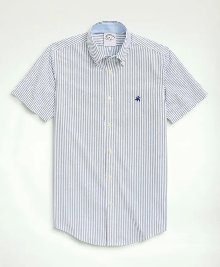 Sport Shirts Men Brooks Brothers Stretch NonIron Oxford ButtonDown Collar Bengal Stripe Short Sleeve Sport Shirt Sodalite