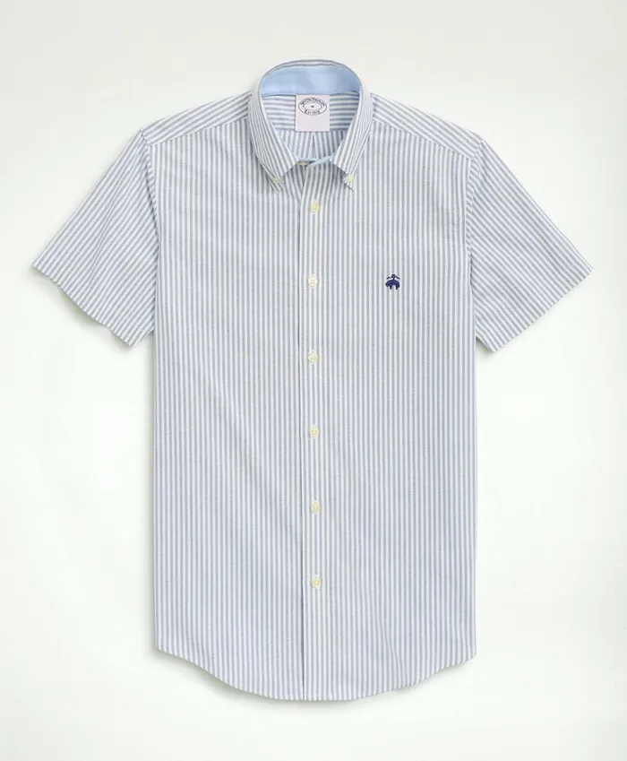 Sport Shirts Men Brooks Brothers Stretch NonIron Oxford ButtonDown Collar Bengal Stripe Short Sleeve Sport Shirt Sodalite
