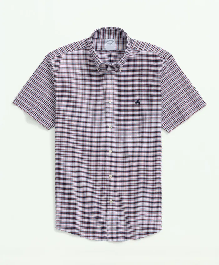 Sport Shirts Men Brooks Brothers Stretch NonIron Oxford ButtonDown Collar Check ShortSleeve Sport Shirt Burgundy