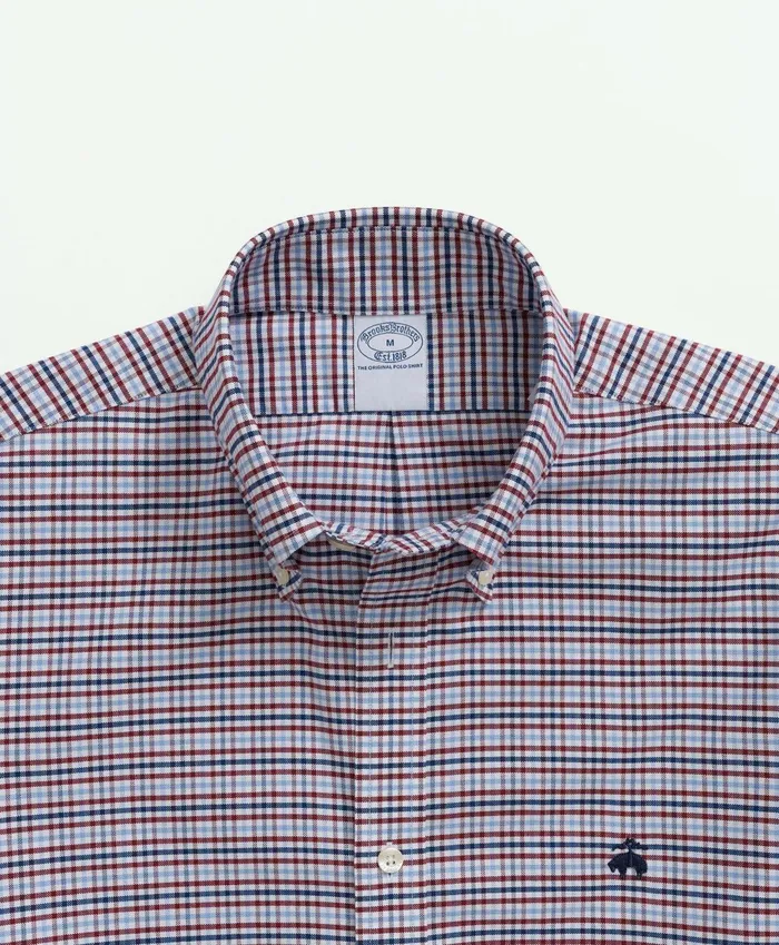 Sport Shirts Men Brooks Brothers Stretch NonIron Oxford ButtonDown Collar Check ShortSleeve Sport Shirt Burgundy
