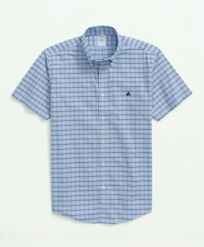 Sport Shirts Men Brooks Brothers Stretch NonIron Oxford ButtonDown Collar Check ShortSleeve Sport Shirt Light Blue