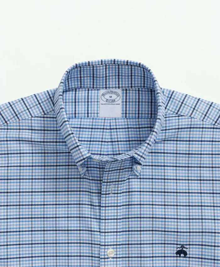 Sport Shirts Men Brooks Brothers Stretch NonIron Oxford ButtonDown Collar Check ShortSleeve Sport Shirt Light Blue