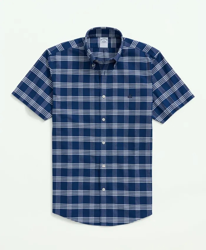 Sport Shirts Men Brooks Brothers Stretch NonIron Oxford ButtonDown Collar GridCheck ShortSleeve Sport Shirt Blue