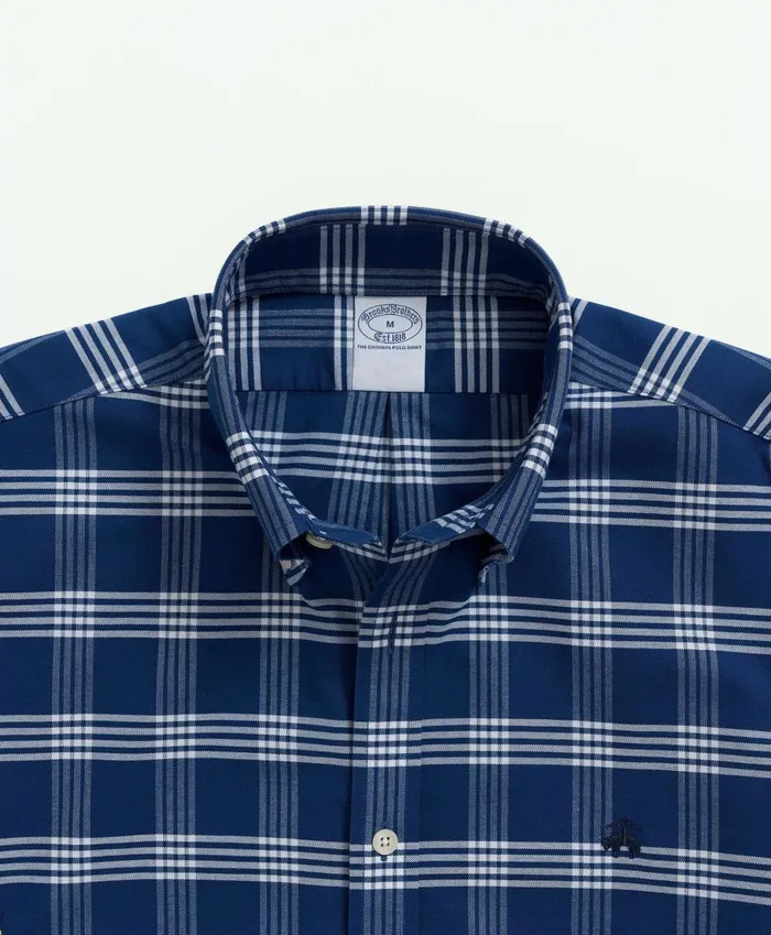 Sport Shirts Men Brooks Brothers Stretch NonIron Oxford ButtonDown Collar GridCheck ShortSleeve Sport Shirt Blue