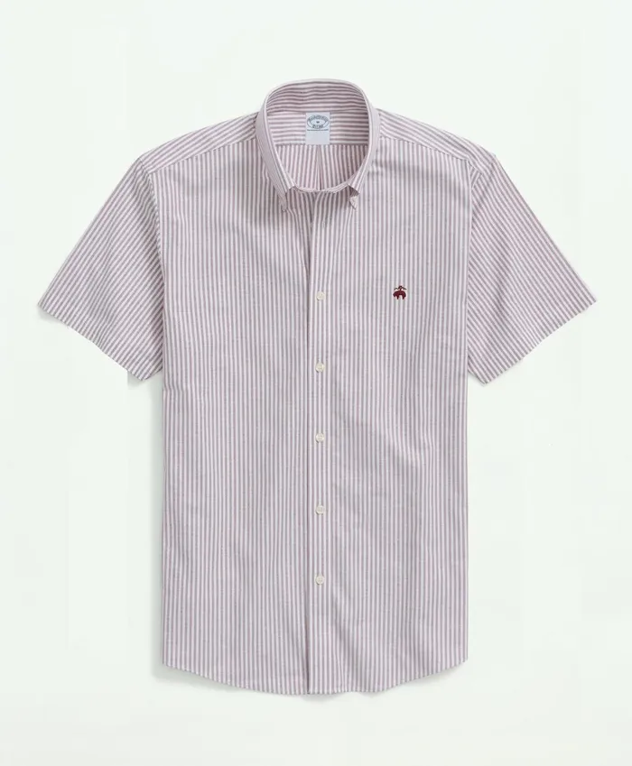 Sport Shirts Men Brooks Brothers Stretch NonIron Oxford ButtonDown Collar Stripe ShortSleeve Sport Shirt Burgundy